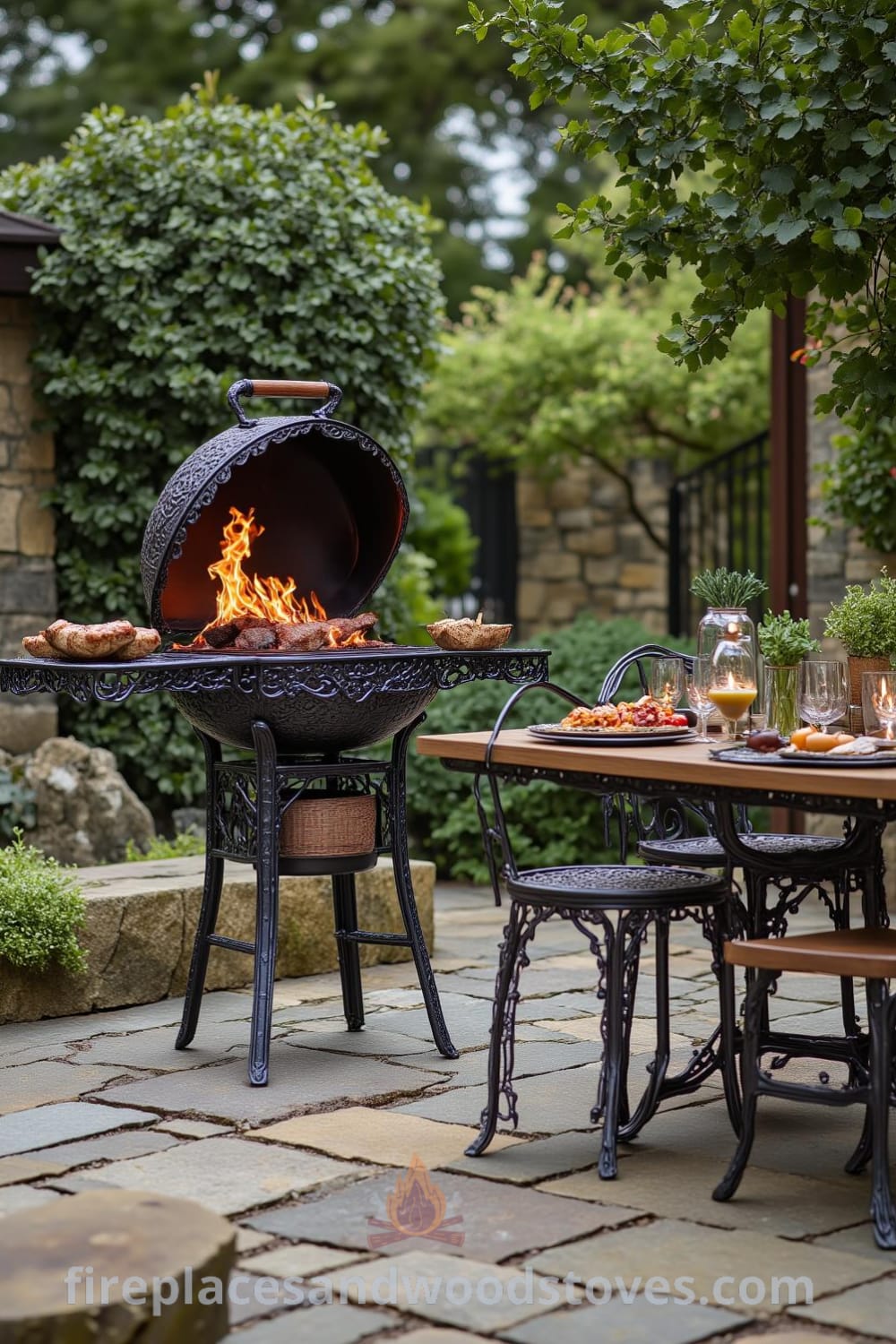Victorian wrought iron outdoor barbecue on a stone-paved patio, with flickering flames, wooden dining table with rustic plates and mismatched chairs, herbs and vegetables nearby, creating a cozy atmosphere for family gatherings, ideal for unique ideas and decor inspirations. Visit fireplacesandwoodstoves.com for more ideas.