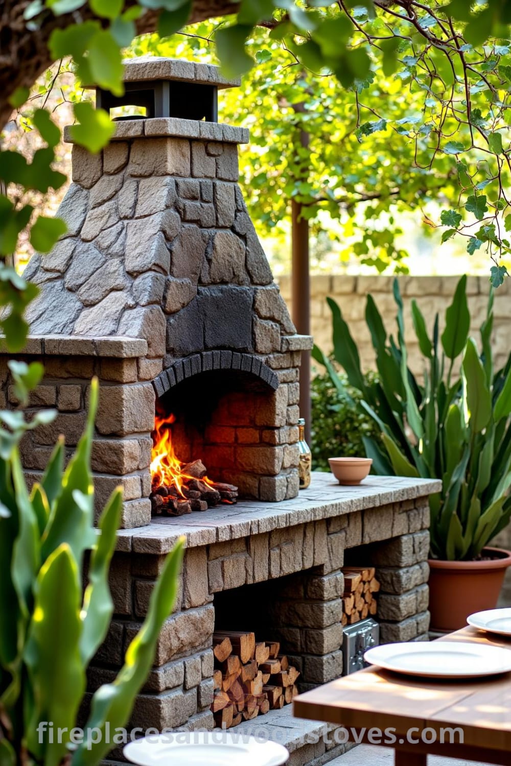 Rustic stone barbecue in a sun-drenched backyard with a warm fire, surrounded by greenery, creating a cozy and inviting atmosphere for gatherings; discover more cozy ideas for your home at fireplacesandwoodstoves.com.