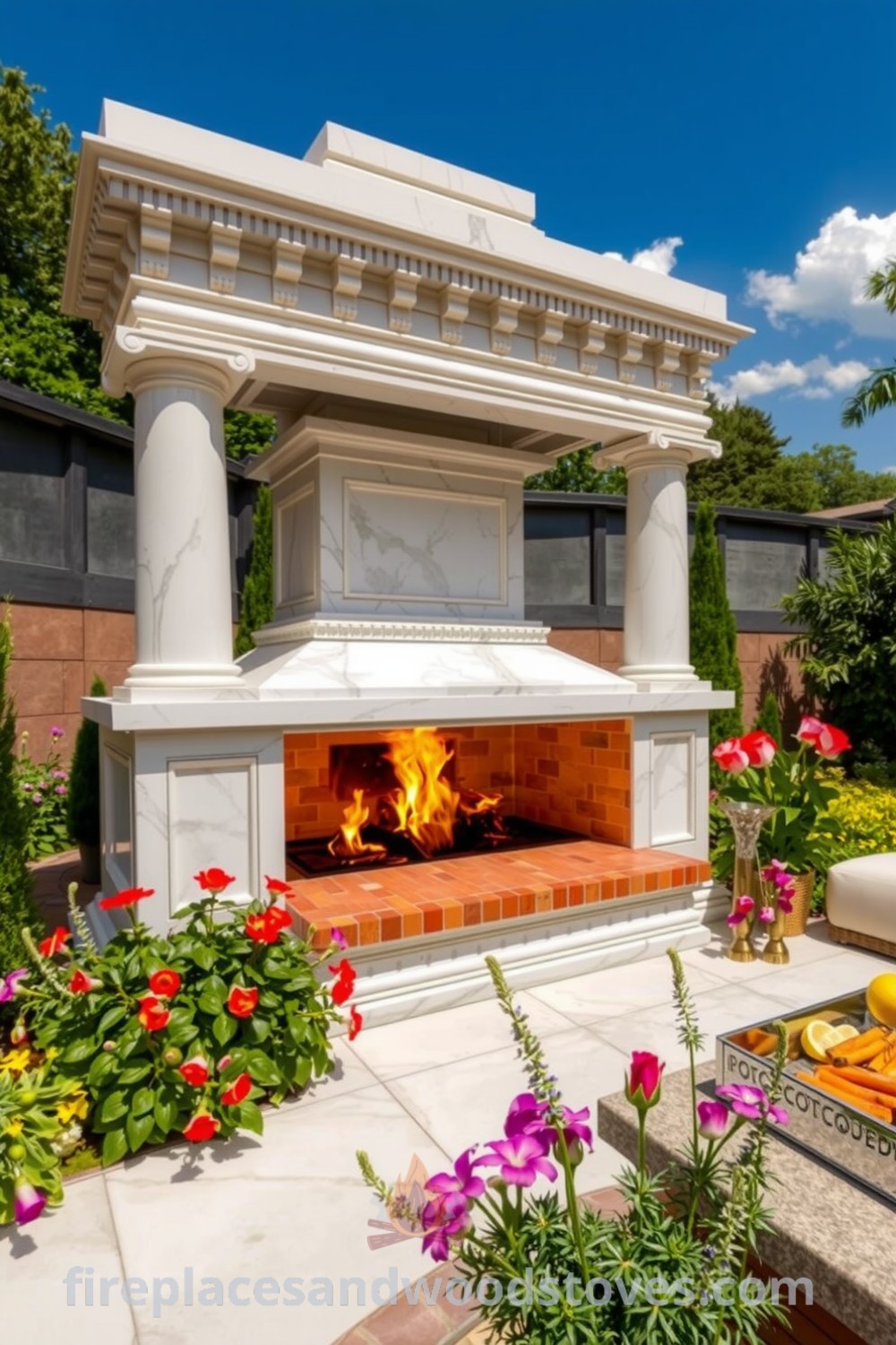 Grand neoclassical marble outdoor barbecue surrounded by vibrant flowers and lush greenery in a beautifully landscaped garden, reflecting the warmth of dancing flames, providing cozy ideas and decor inspirations for your home at fireplacesandwoodstoves.com.