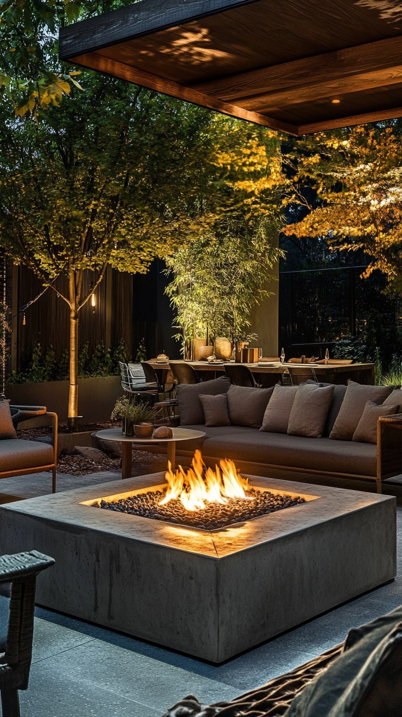 A modern outdoor living area featuring an oversized concrete fire pit, surrounded by comfortable seating and illuminated by warm lighting, with lush greenery in the background.