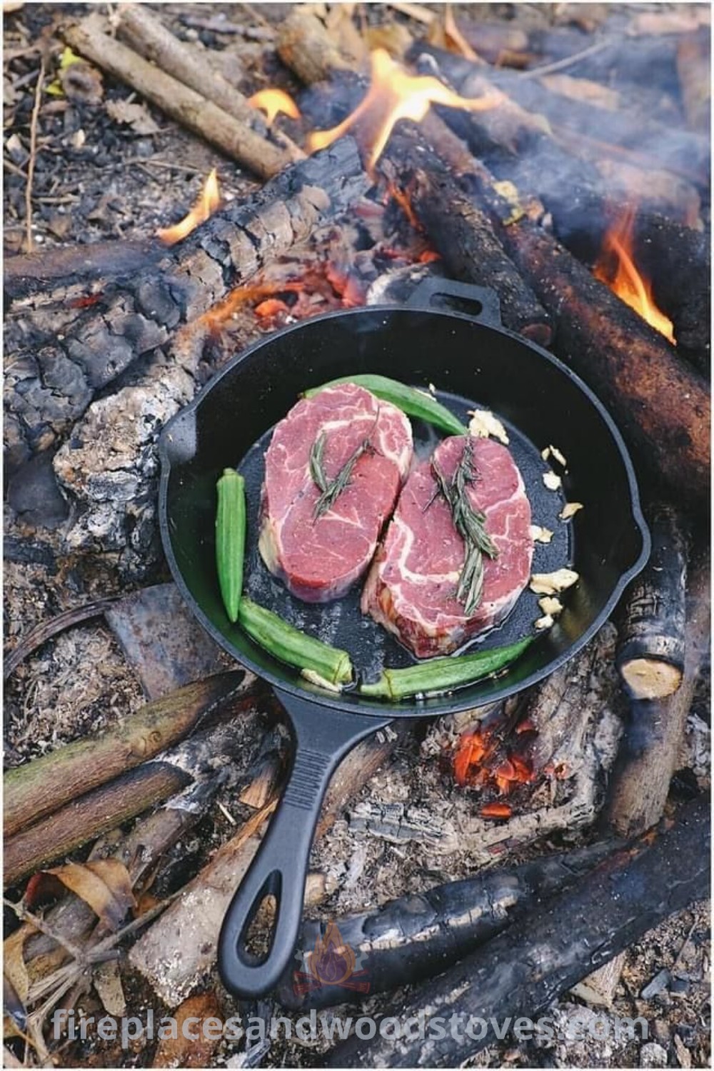 Two steaks sizzling on a skillet over an open fire, reflecting the cozy camping aesthetic and serving as a perfect inspiration for easy camping meals. Discover more camping ideas at patioandhomefurniture.com.