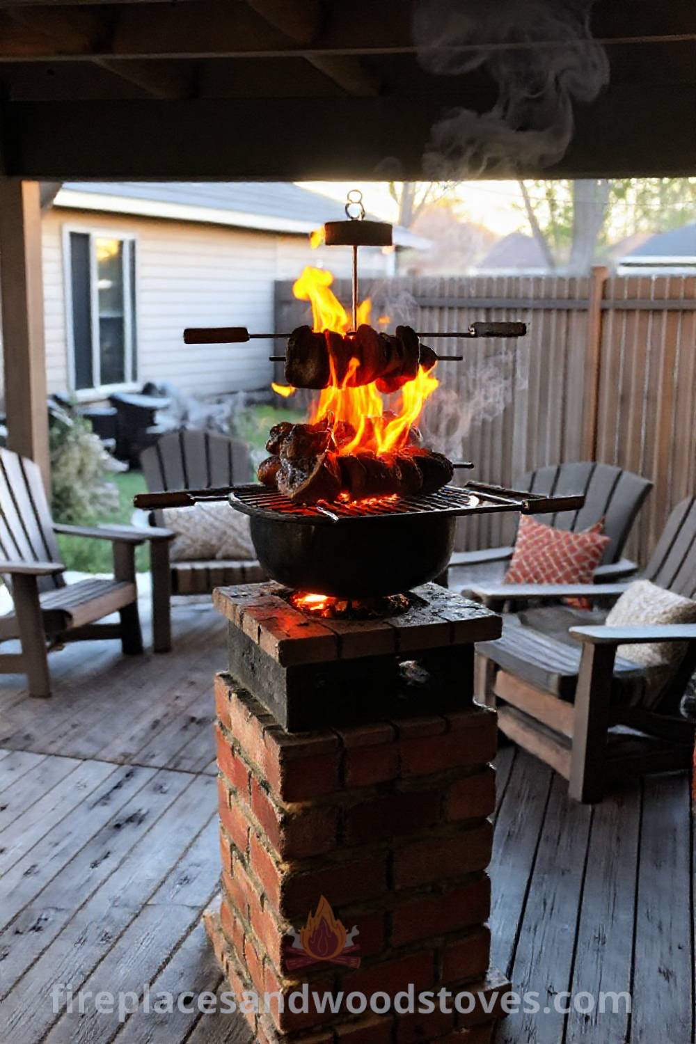 Spit BBQ in a backyard setting with a sturdy brick base, glowing flames, and comfy chairs, creating a warm and inviting atmosphere for gatherings with friends and family. Visit patioandhomefurniture.com for stylish outdoor design ideas that will wow your guests.