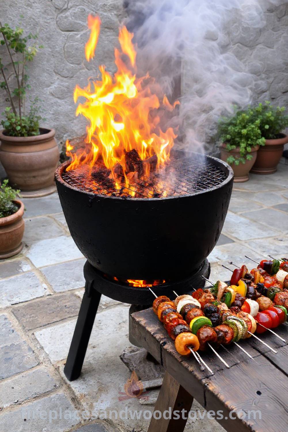 Traditional Turkish mangal barbecue on a stone patio with marinated meats and vegetables ready to cook, surrounded by potted herbs, creating an inviting and cozy outdoor space for delightful feasting. Visit patioandhomefurniture.com for creative outdoor design inspiration.