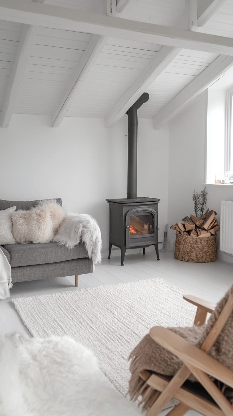 A cozy Scandinavian living room featuring a grey sofa with a fur blanket, white walls, a wood-burning stove, and natural light filtering through.