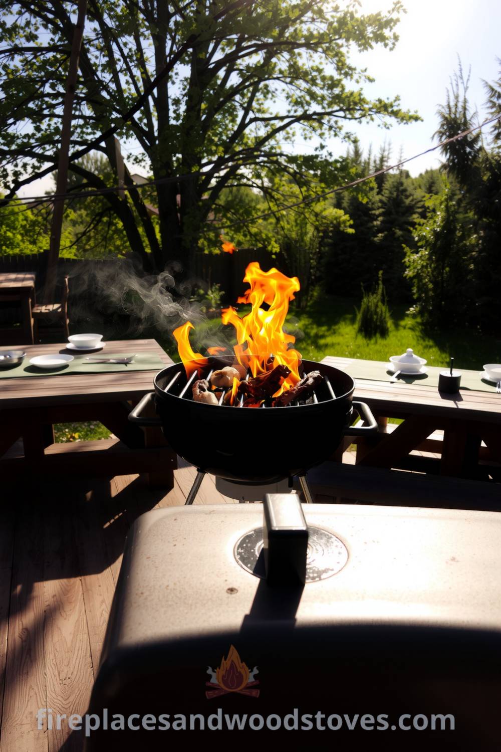 Backyard barbecue on a wooden deck featuring a shiny metal grill with flames, surrounded by a rustic picnic table set with plates and utensils, creating a cozy atmosphere for joyful gatherings, showcasing unique ideas for your home at fireplacesandwoodstoves.com.