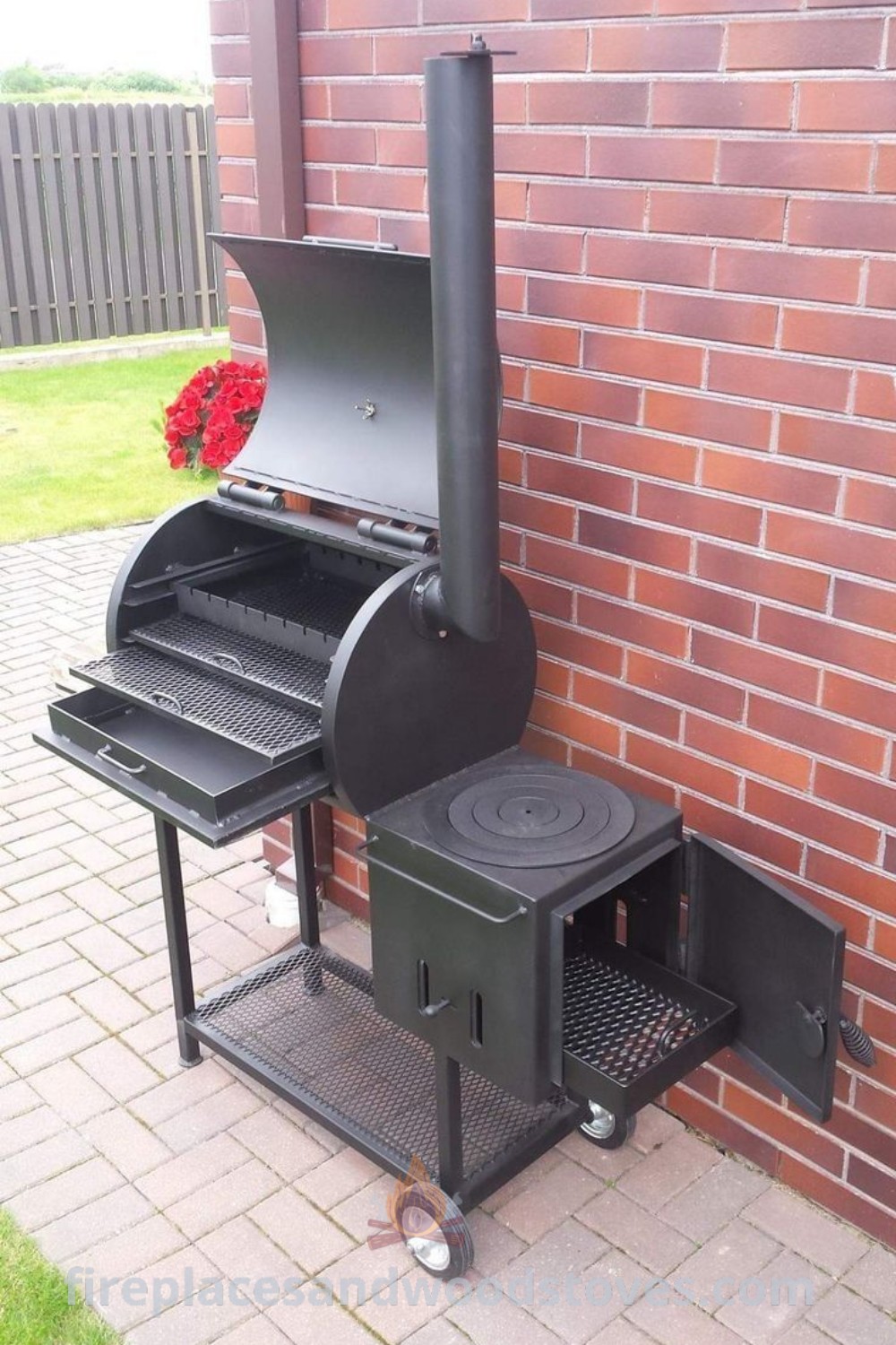 An outdoor BBQ grill sitting next to a brick wall, showcasing a stylish home-made smoker that enhances backyard aesthetics and functionality. Discover incredible ideas and designs for custom BBQ smokers at patioandhomefurniture.com.