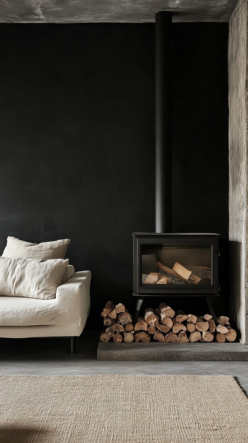 A cozy living area featuring a black wall, wood-burning stove, beige sofa, and firewood on the floor, complemented by a soft rug, showcasing a minimalist design.