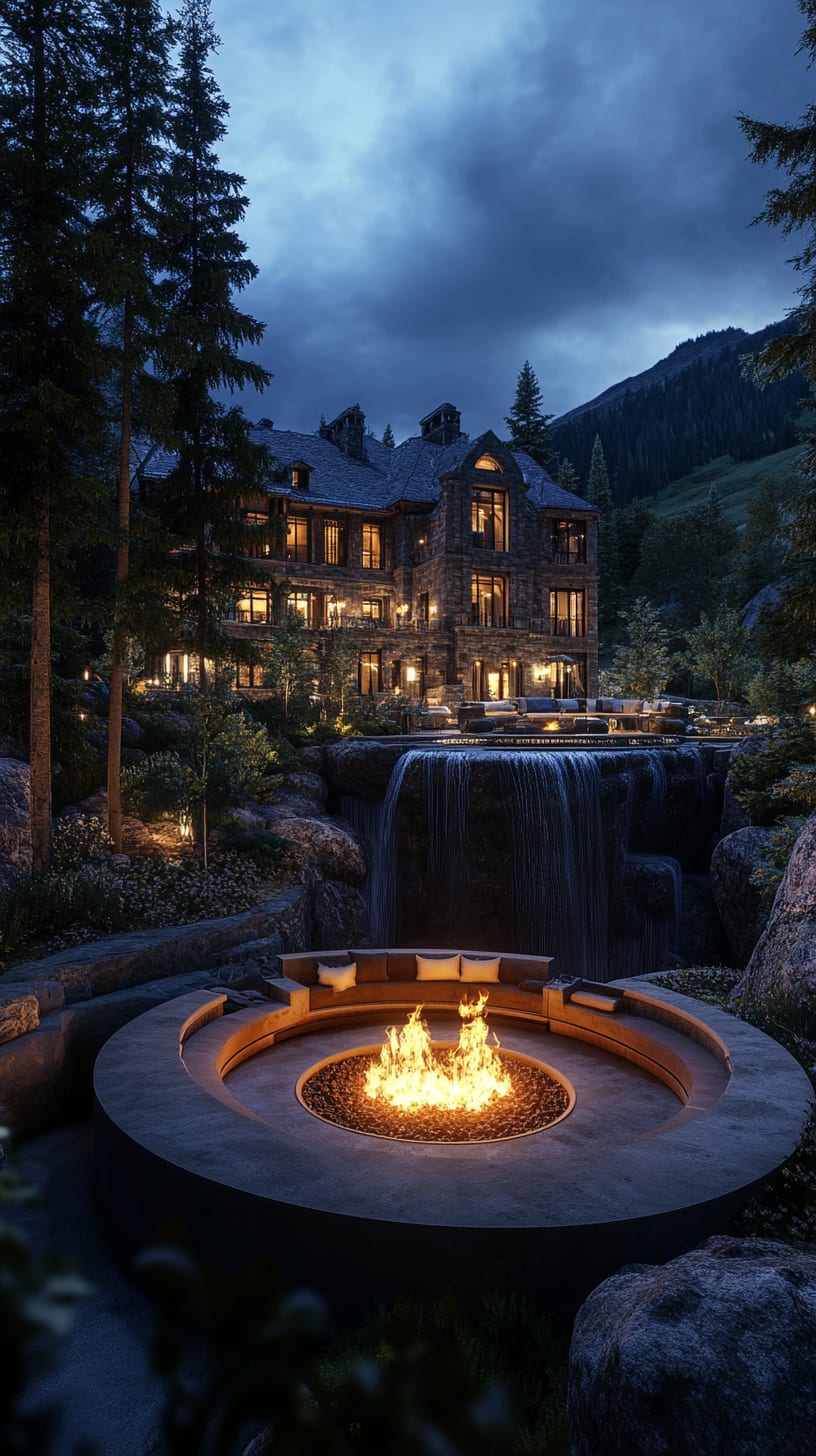 A luxurious mountain mansion at night featuring a fire pit, waterfalls, and seating, surrounded by lush greenery.