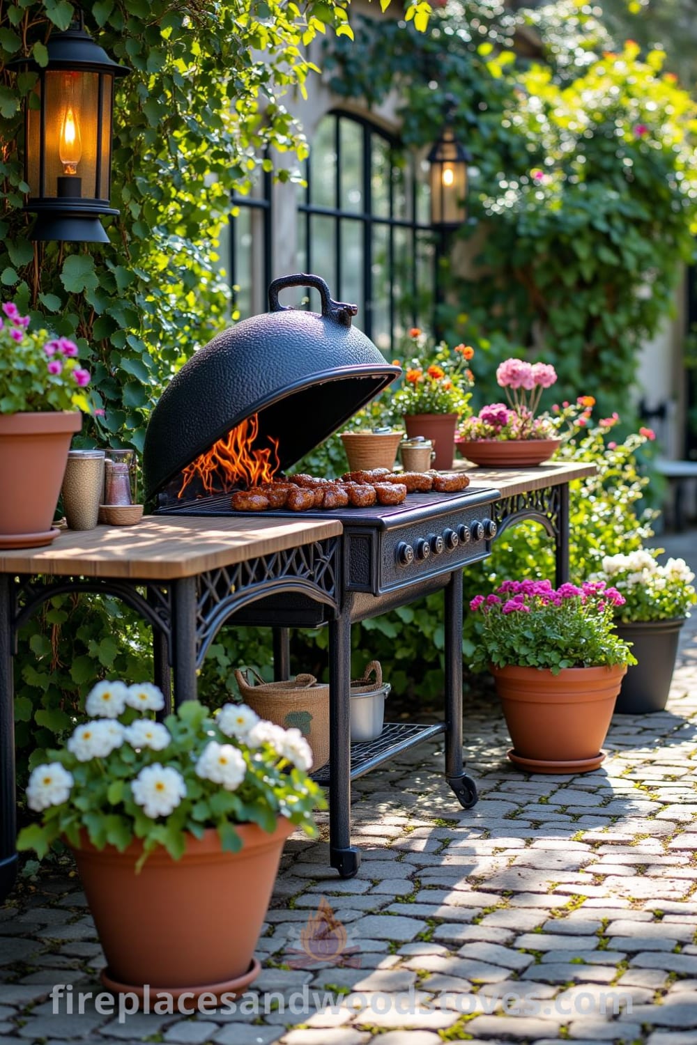 Victorian wrought iron outdoor barbecue in a sun-dappled garden surrounded by potted flowers, flames flickering playfully, with worn cobblestones leading up to it, offering cozy ideas and decor inspirations for outdoor settings on fireplacesandwoodstoves.com.