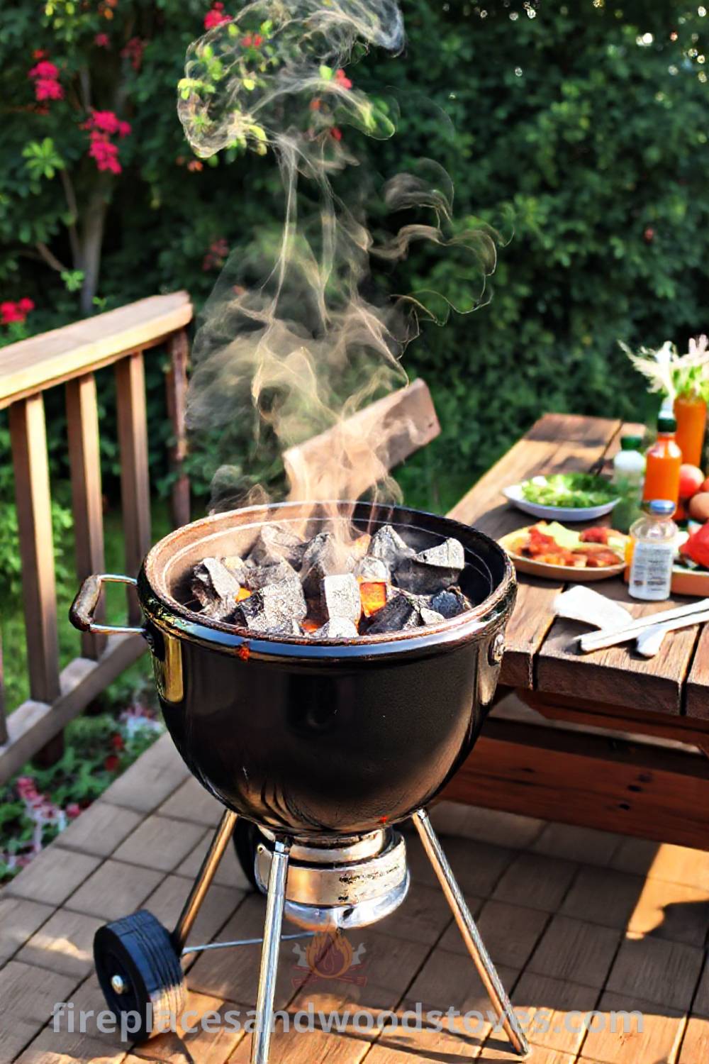 Kettle grill barbecue on a wooden deck with glowing charcoal, smoke rising, and a picnic table ready with fresh ingredients surrounded by vibrant greenery, embodying cozy home inspirations for outdoor gatherings. Visit fireplacesandwoodstoves.com for unique decor ideas.