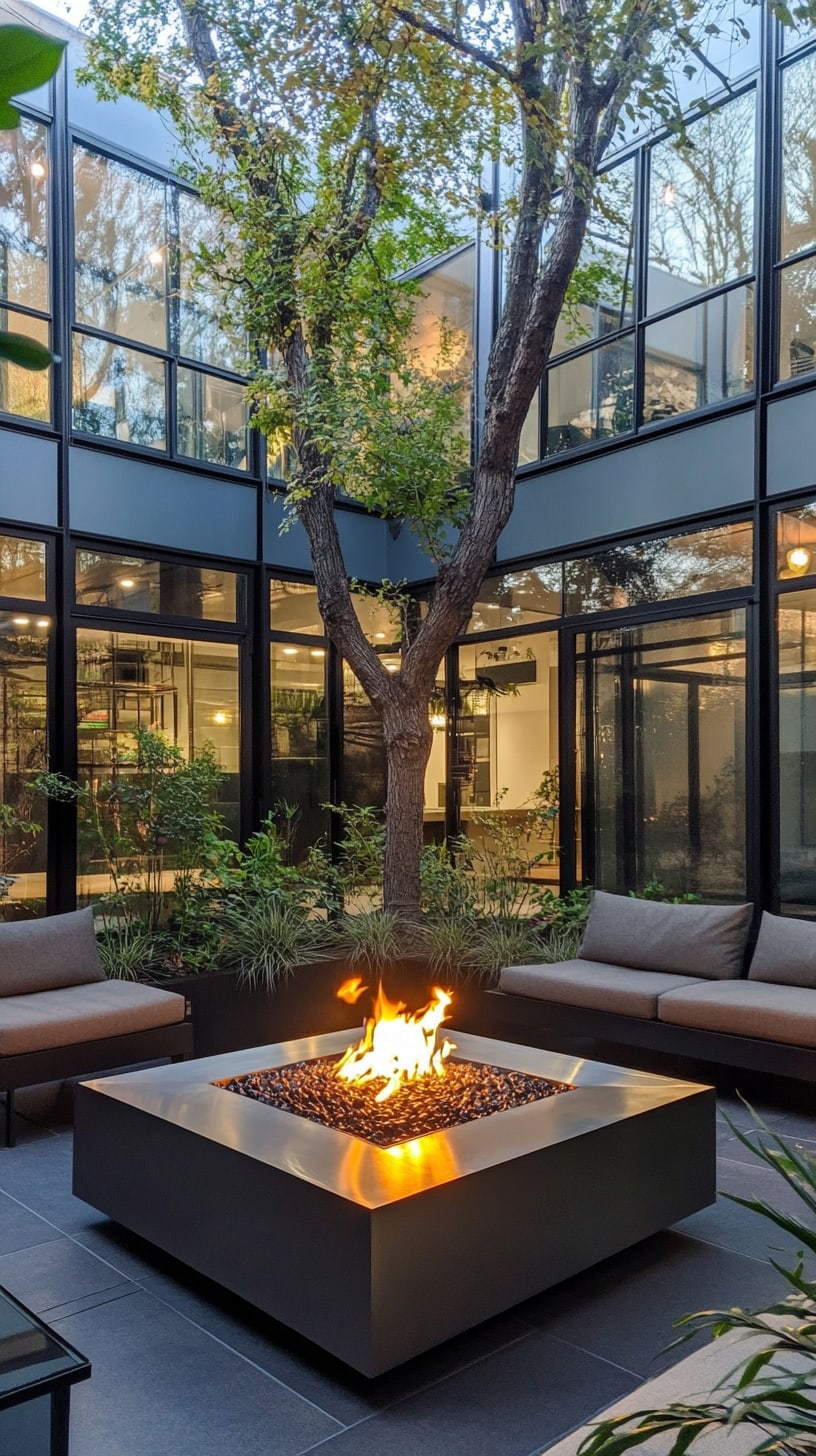 A modern courtyard with a large square fire pit, surrounded by comfortable seating, lush greenery, and an oversized tree, creating an inviting and cozy gathering space.