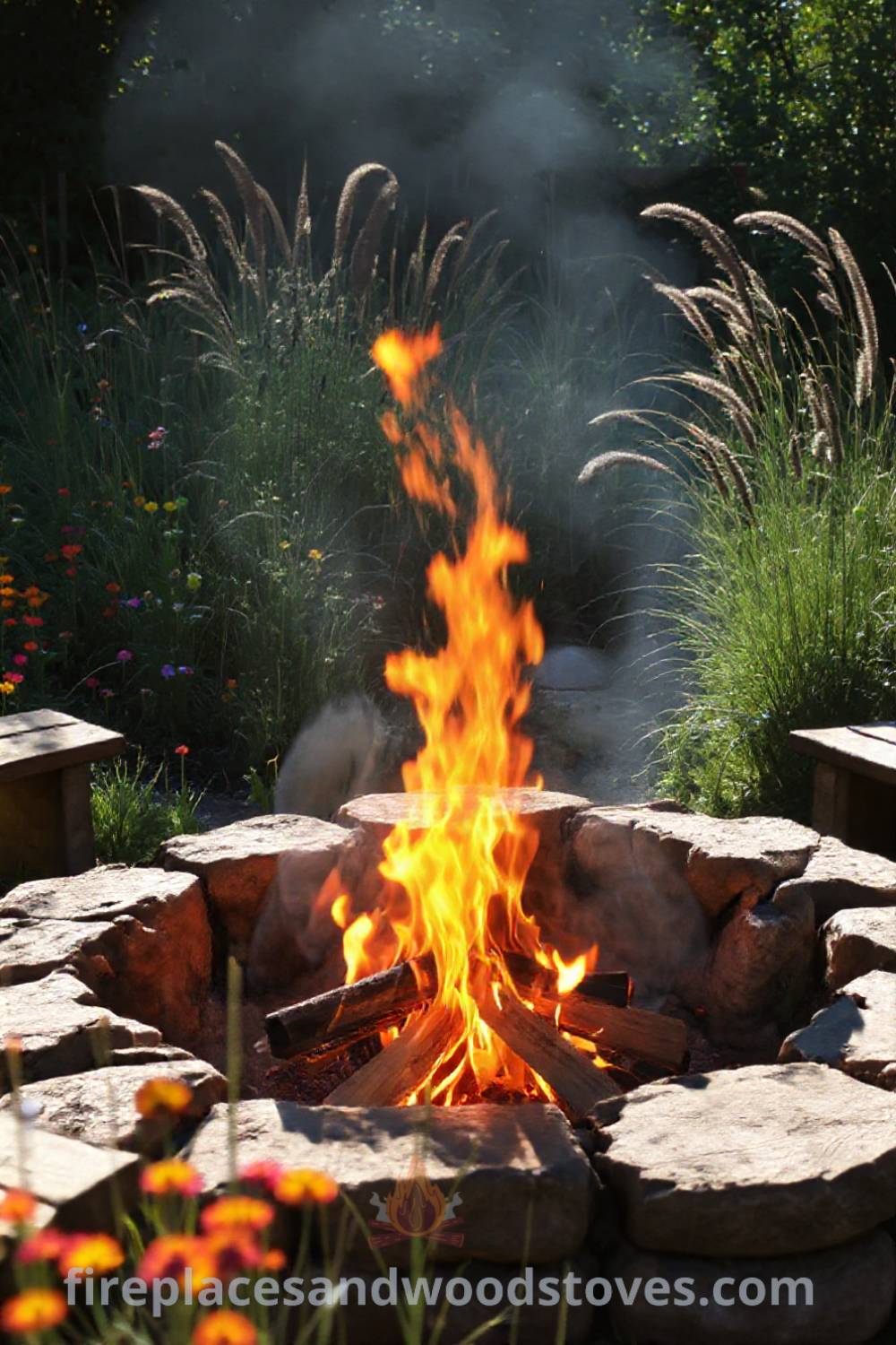 Rustic stone fire pit in a sun-dappled garden, surrounded by wildflowers and tall grasses, with flickering flames and wooden benches, creating a cozy and stylish outdoor space. Visit patioandhomefurniture.com for incredible ideas that will wow your guests.