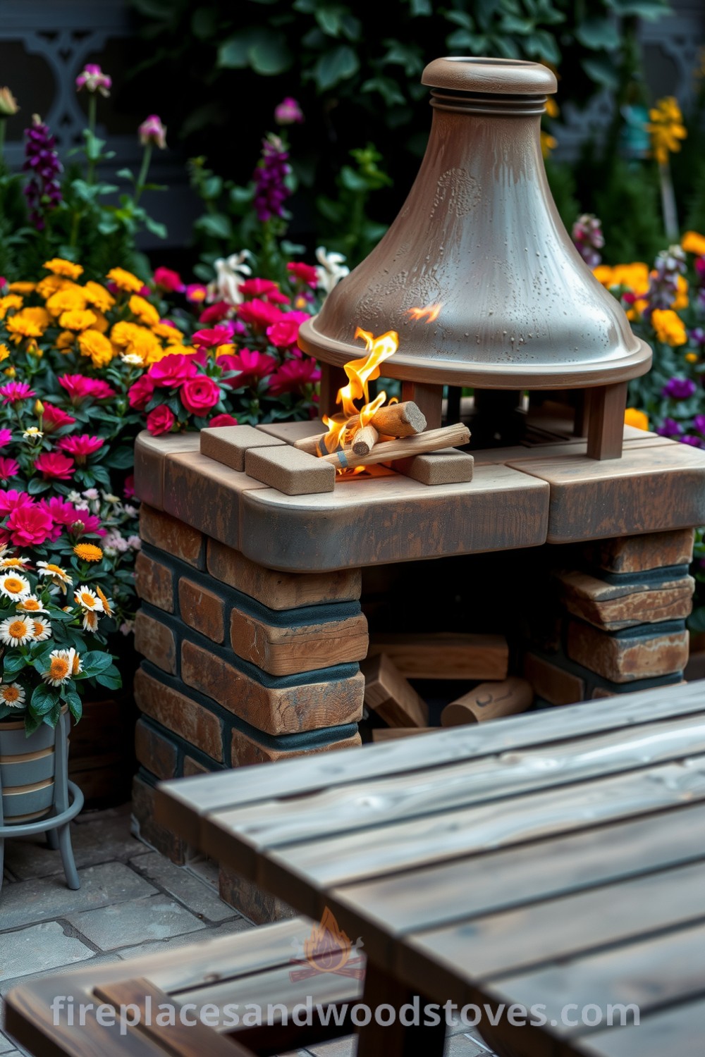 Bohemian clay outdoor barbecue nestled in a vibrant garden, featuring handcrafted bricks, a crackling wood fire, surrounding colorful flowering plants, and a rustic wooden table ready for grilling, creating cozy ideas for your home and outdoor decor inspirations. Visit fireplacesandwoodstoves.com for more unique ideas.