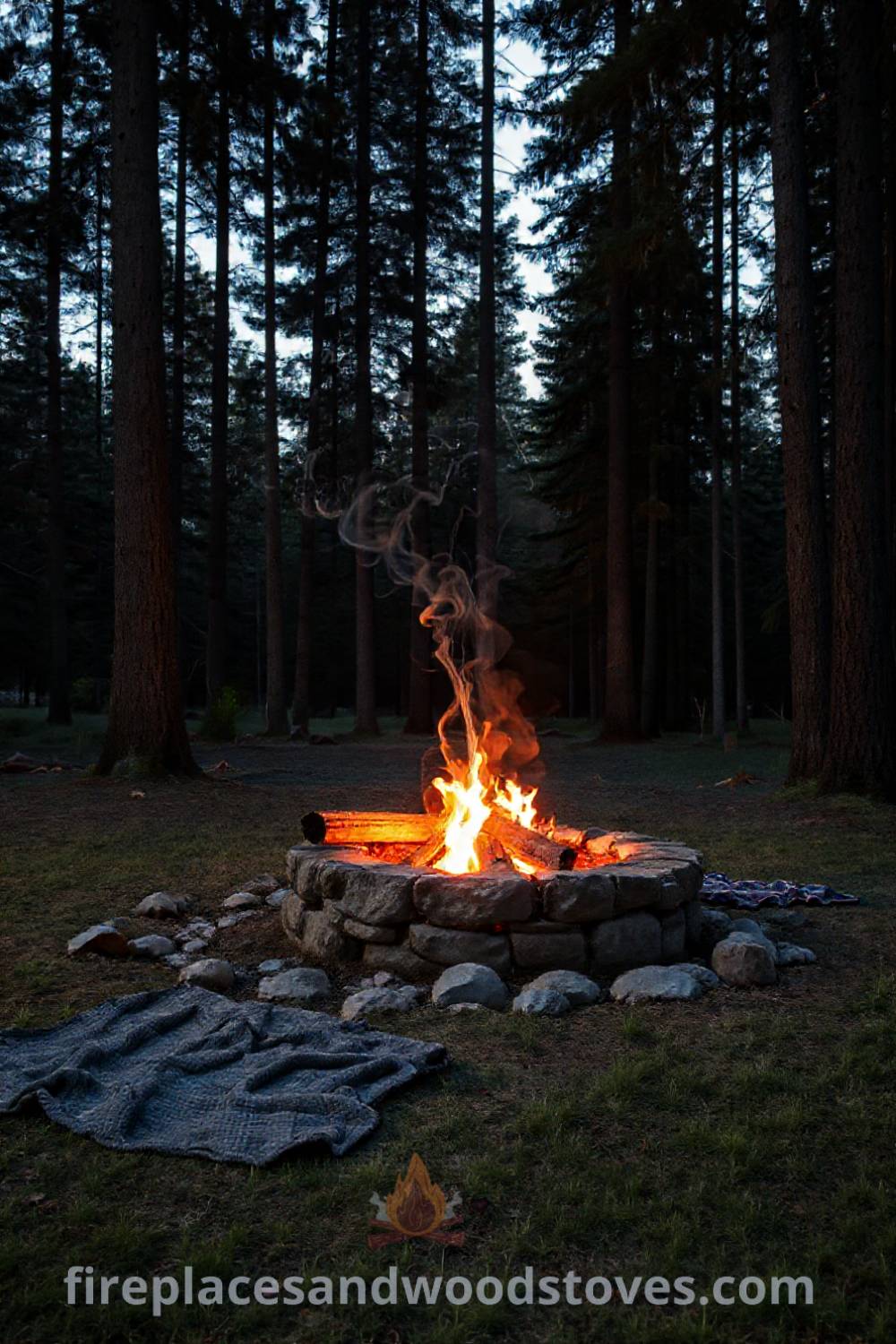 Stone fire pit in a clearing surrounded by tall trees, inviting friends and family to gather with cozy blankets and flickering flames, perfect for enhancing outdoor gatherings. Visit patioandhomefurniture.com for incredible outdoor design inspiration.