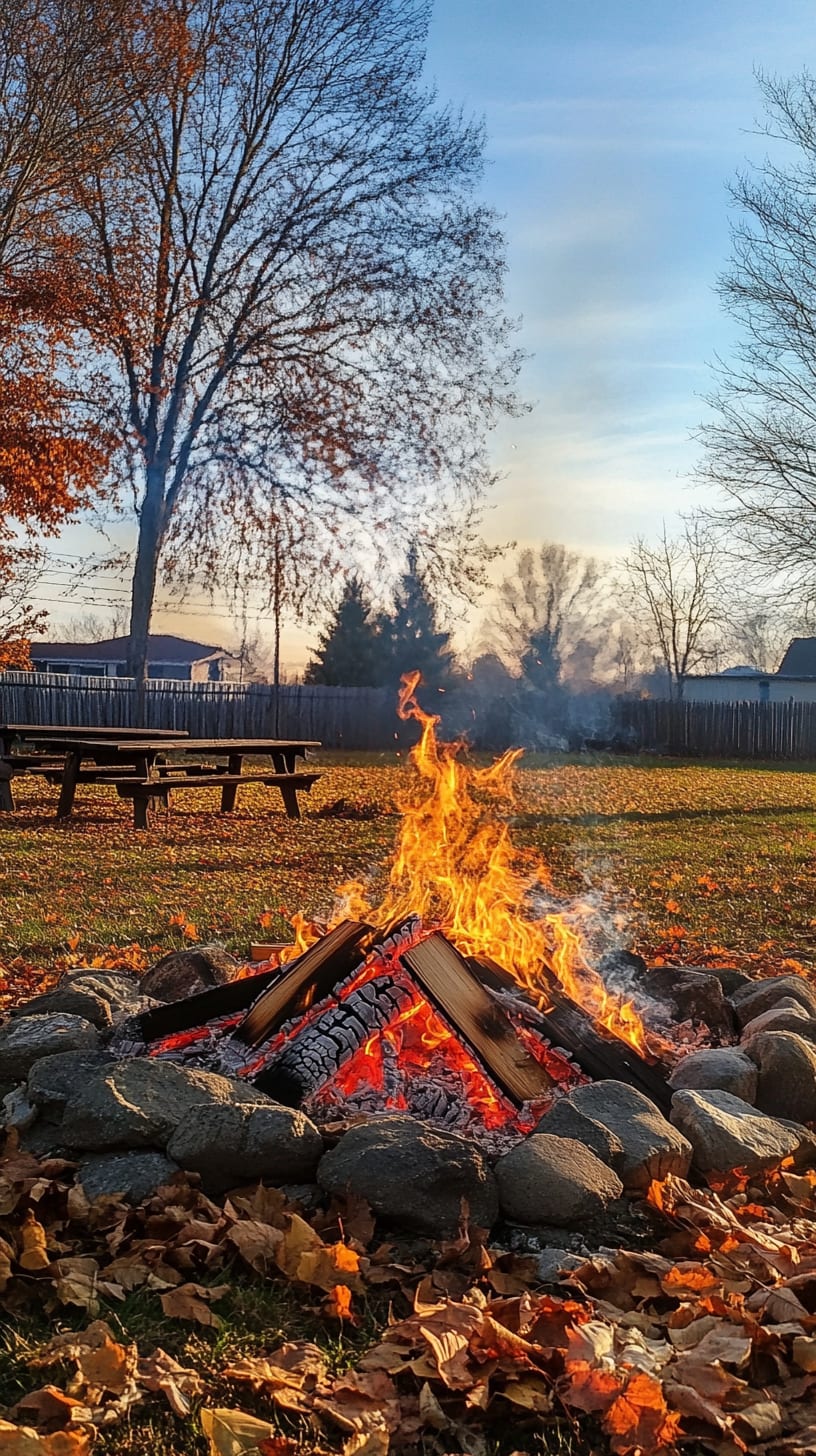 A cozy bonfire surrounded by autumn leaves and picnic tables in a backyard setting, with a clear blue sky and gentle clouds.