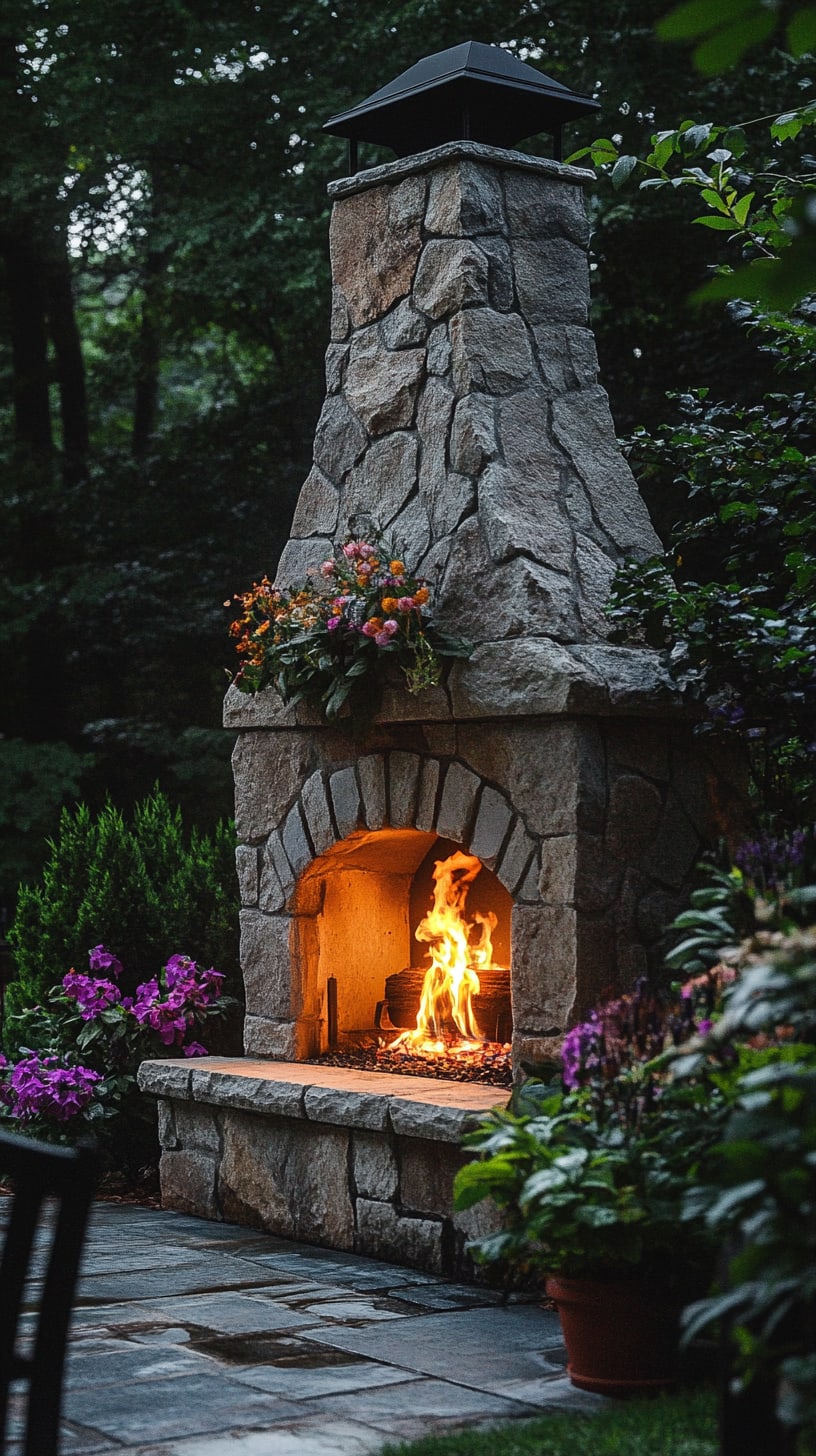 A stone outdoor fireplace surrounded by flowers and greenery in a warm, inviting garden setting, illuminated by flames.