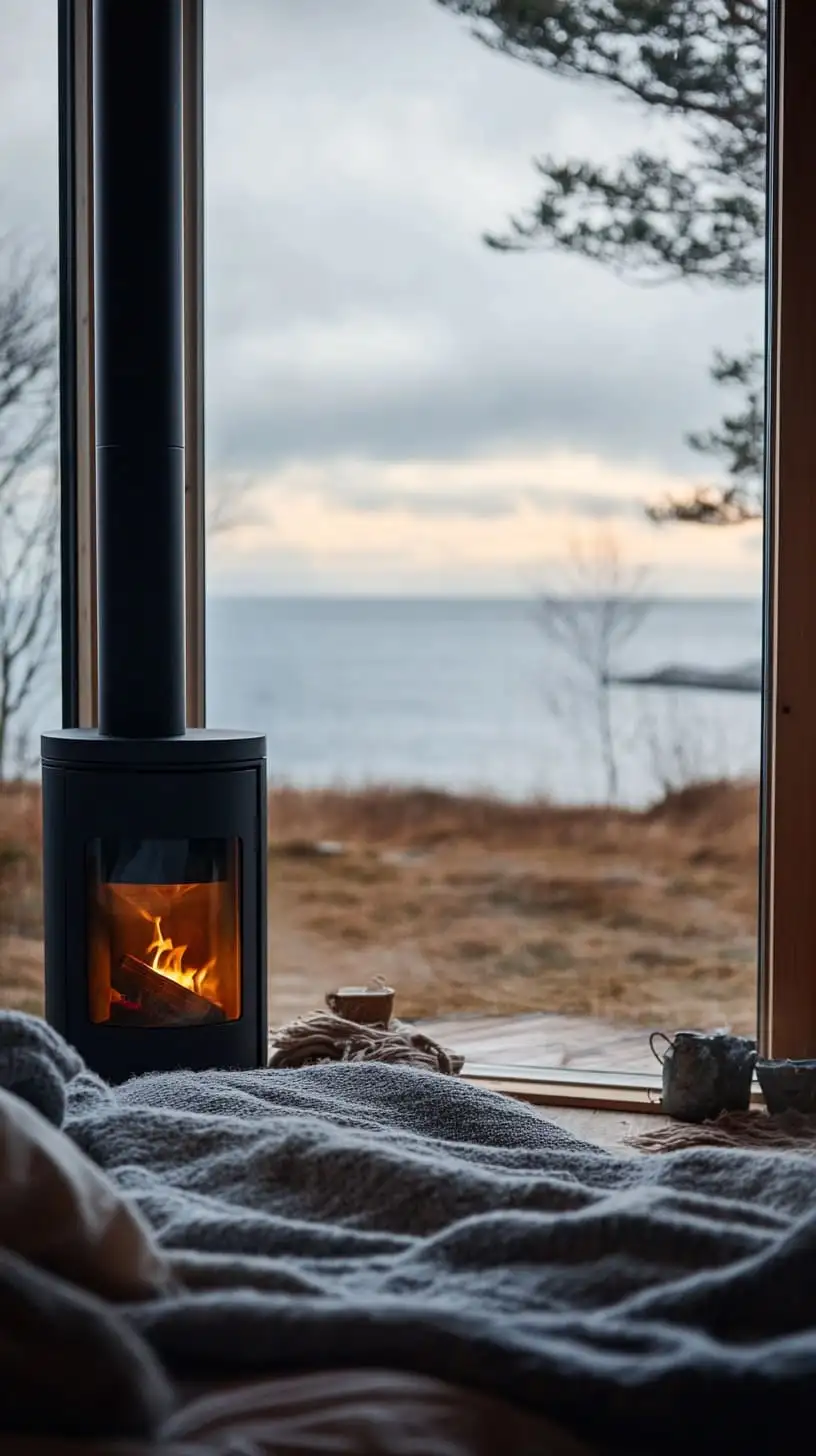 A cozy Scandinavian cabin interior featuring a modern wood stove and a bed with soft blankets, overlooking the ocean and surrounded by nature.