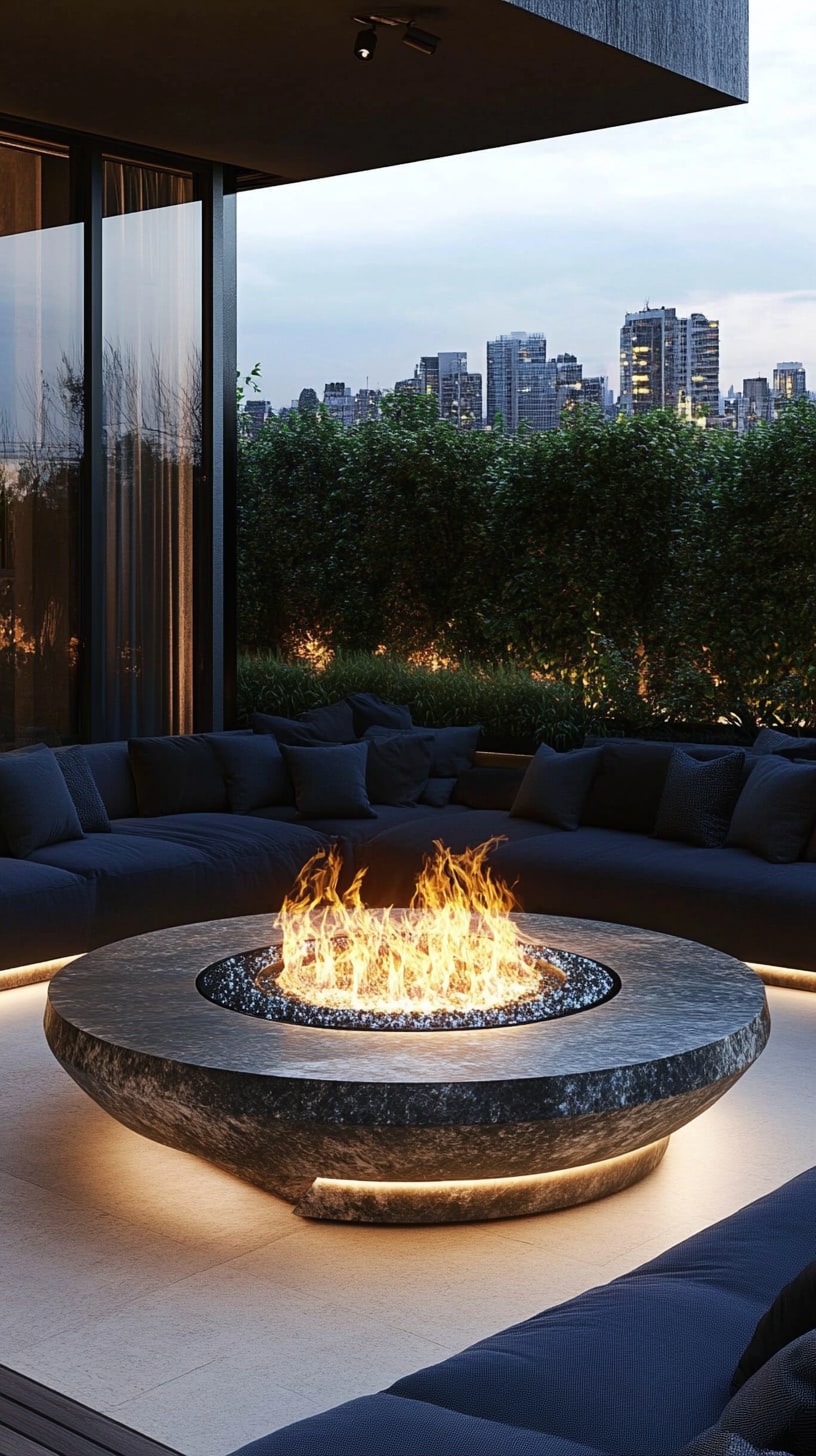 A luxurious circular fire pit surrounded by modern seating in an outdoor living area, featuring a city skyline view at night with lush greenery and ambient lighting.
