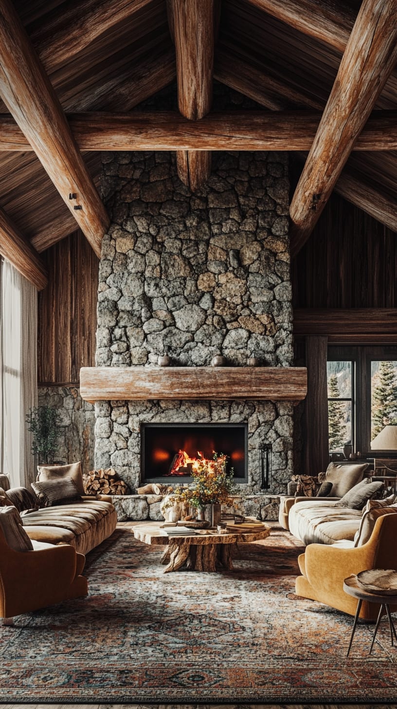A rustic cabin living room with a large stone fireplace, natural wood beams, and plush seating, creating a warm and inviting atmosphere.