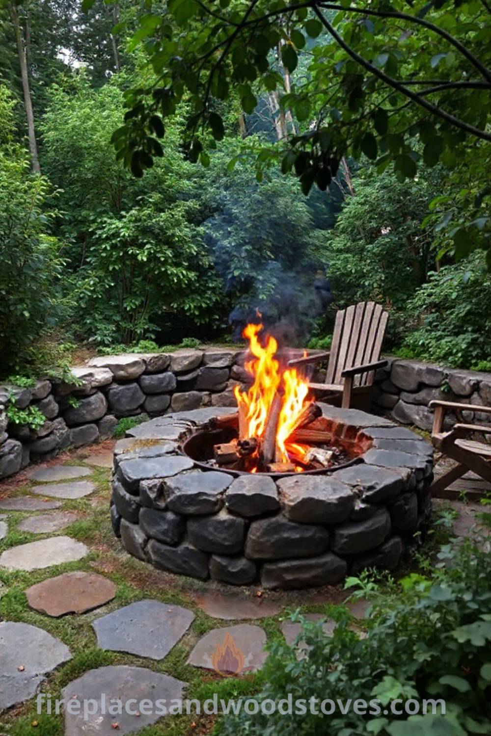 Outdoor stone fire pit in a secluded garden, surrounded by lush greenery and rustic wooden chairs, creating a cozy atmosphere for gatherings and evening stories. Visit patioandhomefurniture.com for stylish ideas that will wow your guests.