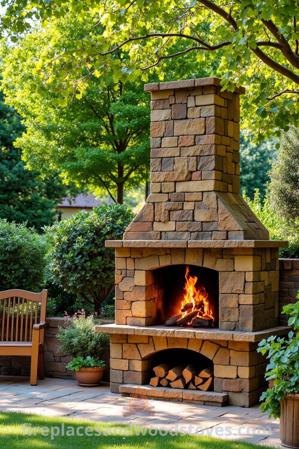 Rustic stone outdoor fireplace in a sun-dappled garden, featuring warm flickering flames, weathered bricks in earthy tones, and a welcoming wooden bench, creating a cozy atmosphere for outdoor gatherings, showcasing unique decor ideas and inspirations for your home. Visit fireplacesandwoodstoves.com.