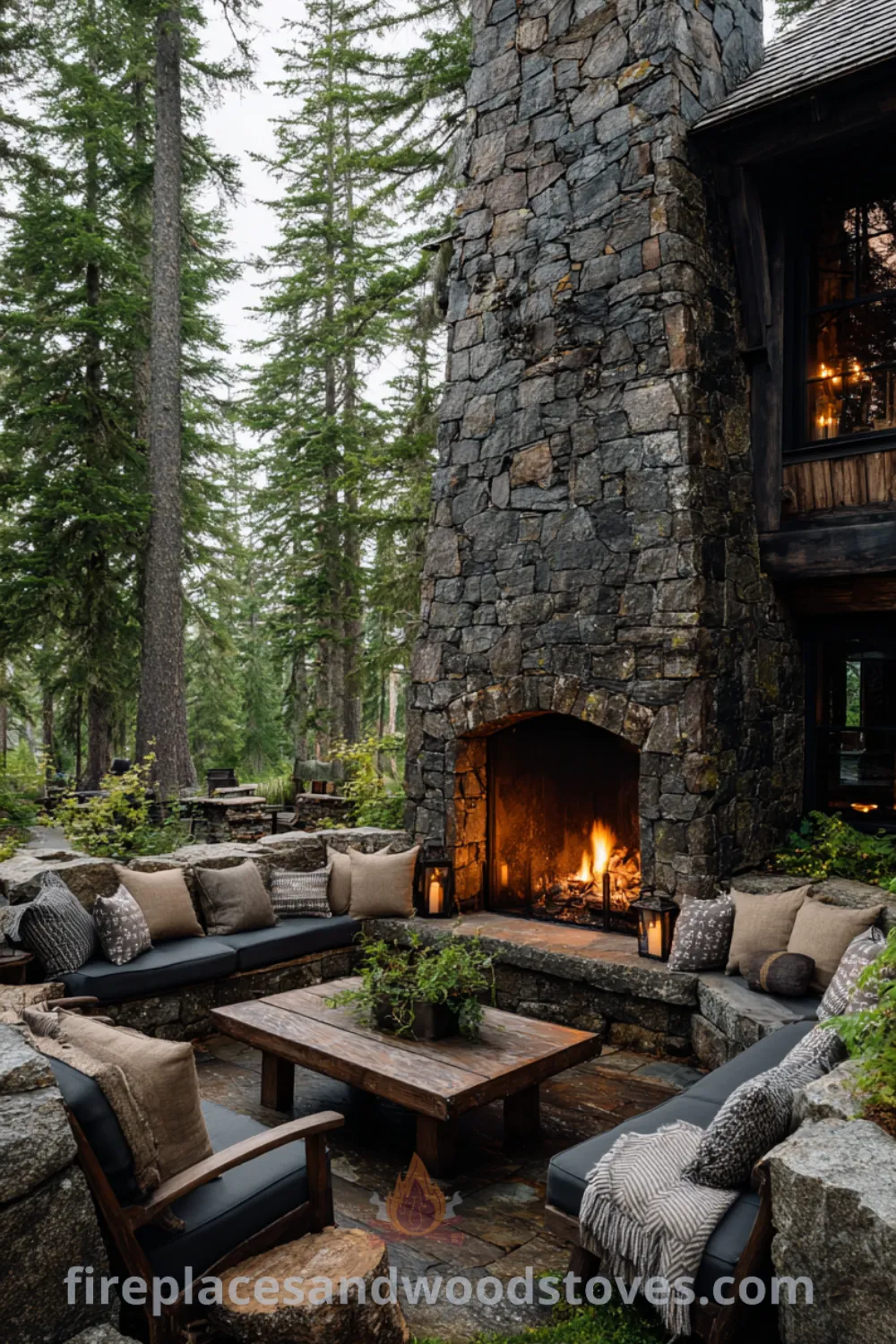 Rugged outdoor fireplace with natural stone seating, open hearth, and reclaimed wood mantel in a forest setting.
