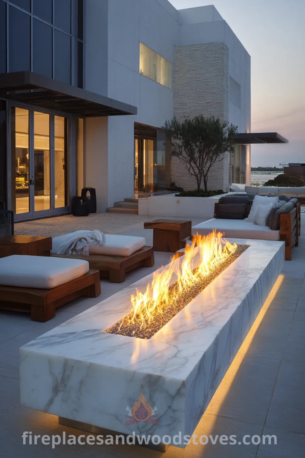 Sleek outdoor patio featuring a modern luxury fire pit with honed marble, surrounded by high-end furniture and curated backyard design.
