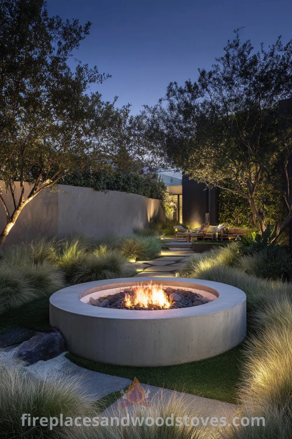 Circular modern minimalist fire pit surrounded by grasses, subtle LED lighting, and sleek composite decking.