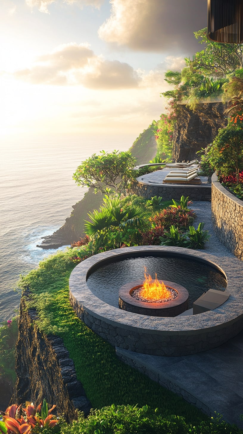 A fire pit surrounded by a circular stone seating area overlooking the ocean, with lush greenery and colorful flowers, and a beautiful sunset in the background.