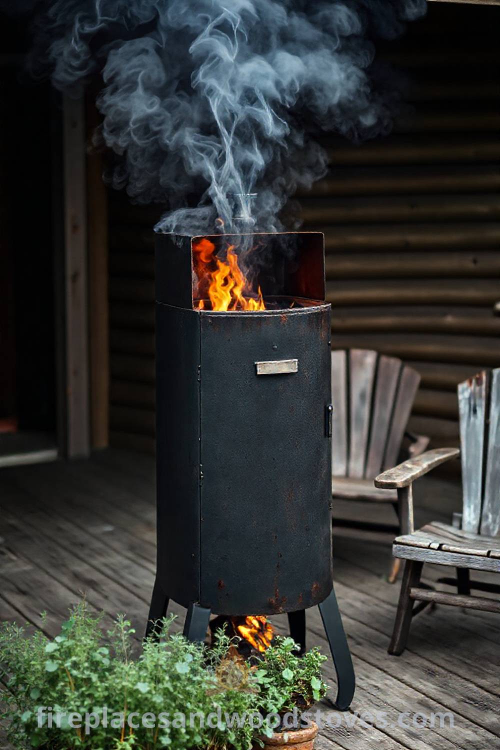 Vertical smoker barbecue on a rustic wooden deck surrounded by potted herbs, creating a cozy outdoor atmosphere perfect for gatherings, offering creative ideas for transforming your backyard. Visit patioandhomefurniture.com for stylish outdoor inspiration.