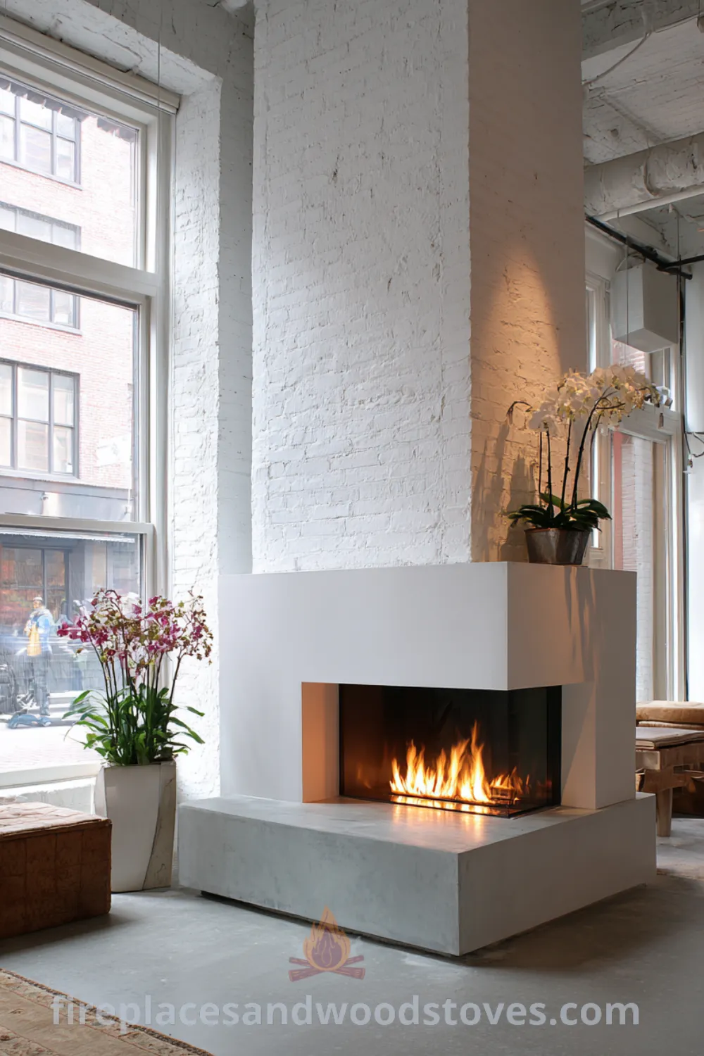 Loft with industrial Scandinavian fireplace, polished concrete hearth, minimalist interior design, and cozy warmth ambiance.