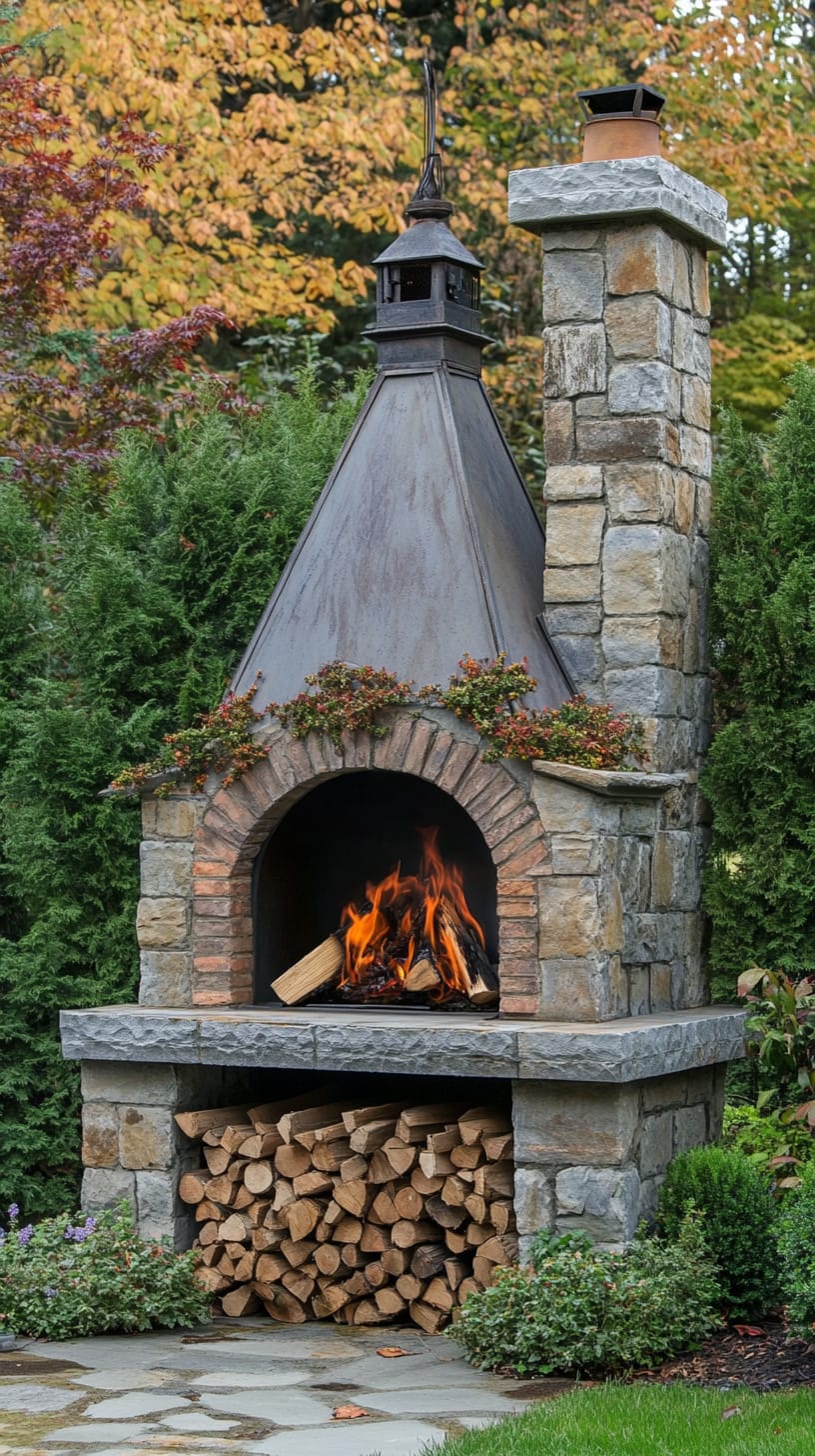 An outdoor fireplace with a copper cone-shaped roof, surrounded by greenery, with firewood stacked nearby, set in a tranquil autumn garden.