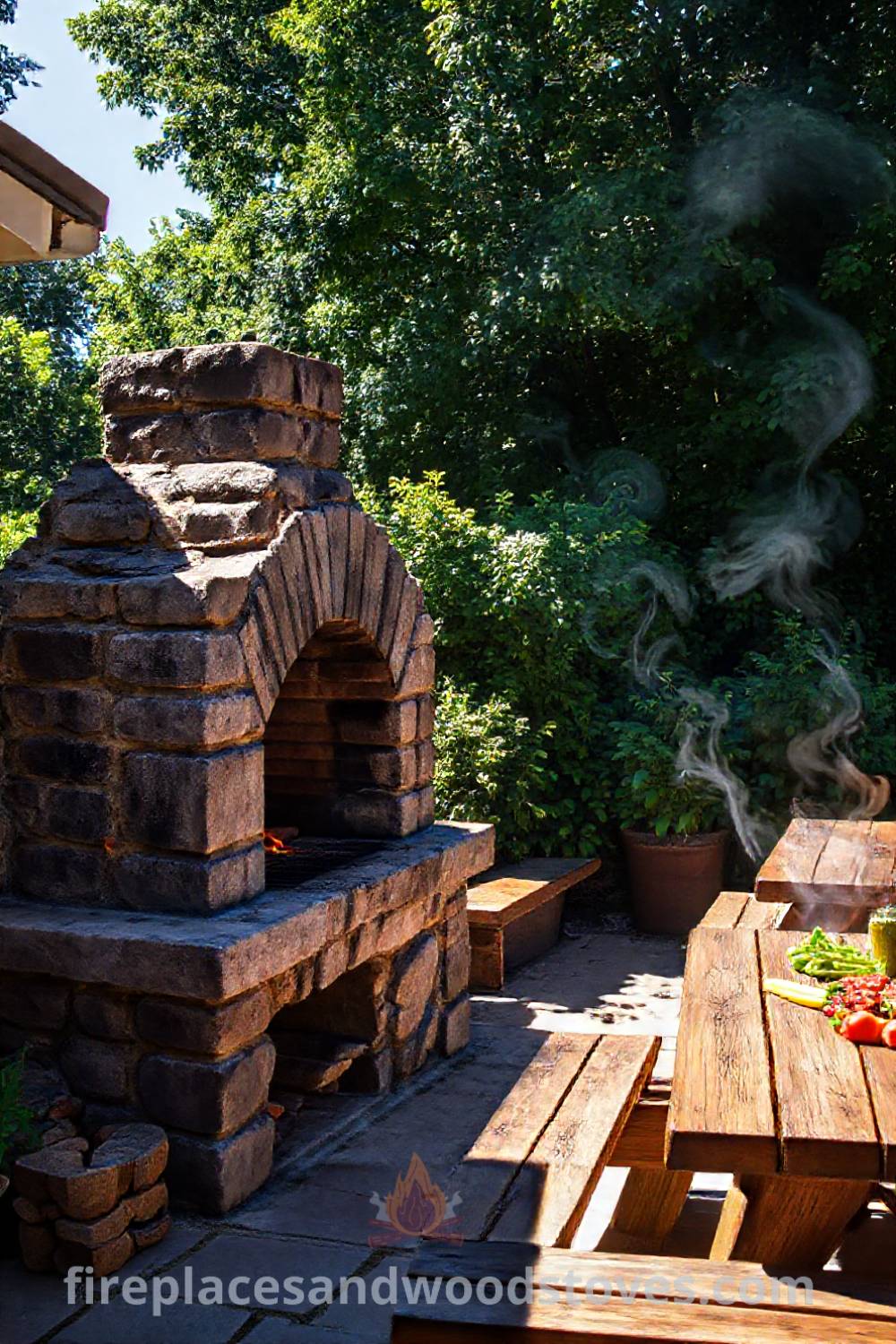 Rugged stone BBQ oven on a sun-drenched patio with flames casting a warm glow, surrounded by wooden picnic tables filled with fresh veggies and marinated meats, creating a cozy outdoor gathering space for summer feasts. Visit patioandhomefurniture.com for stylish outdoor ideas that will wow your guests.