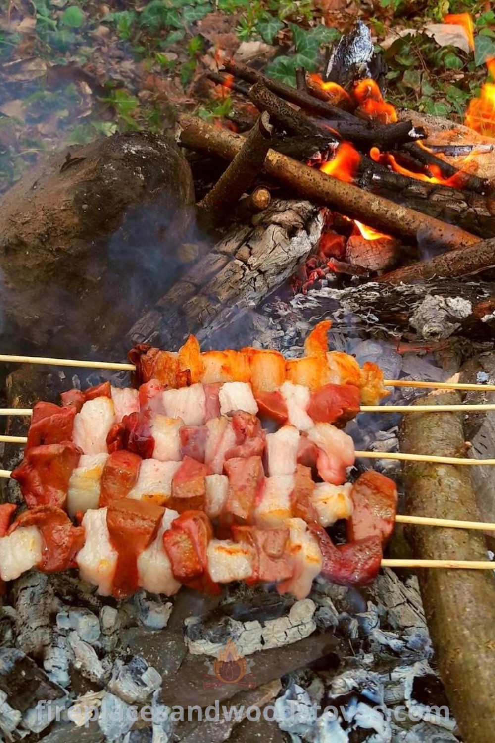 Skewers of meat cooking over an open fire, embodying the essence of bushcraft cooking and BBQ aesthetic. This outdoor scene evokes medieval recipes and tavern food, providing inspiration for incredible camping meals. Discover more stylish outdoor cooking ideas at patioandhomefurniture.com.