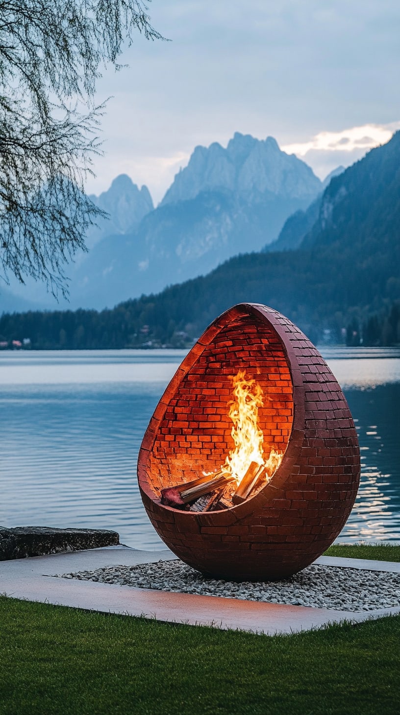 An egg-shaped outdoor fire pit made of red bricks, situated on a lawn by a beautiful lake, with mountains in the background and a warm fire burning inside.