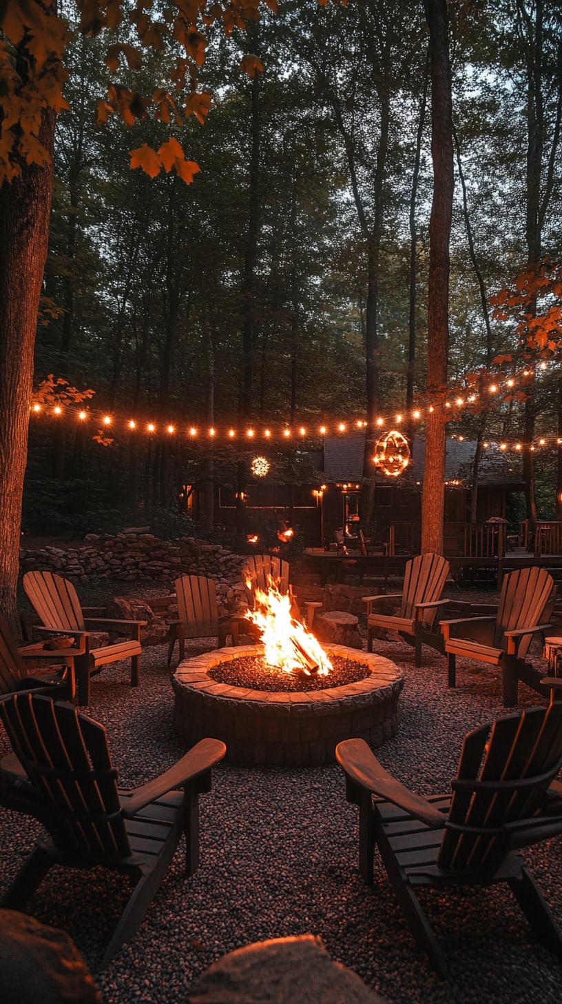 A cozy outdoor fire pit surrounded by Adirondack chairs and string lights in a forest setting during an autumn night.