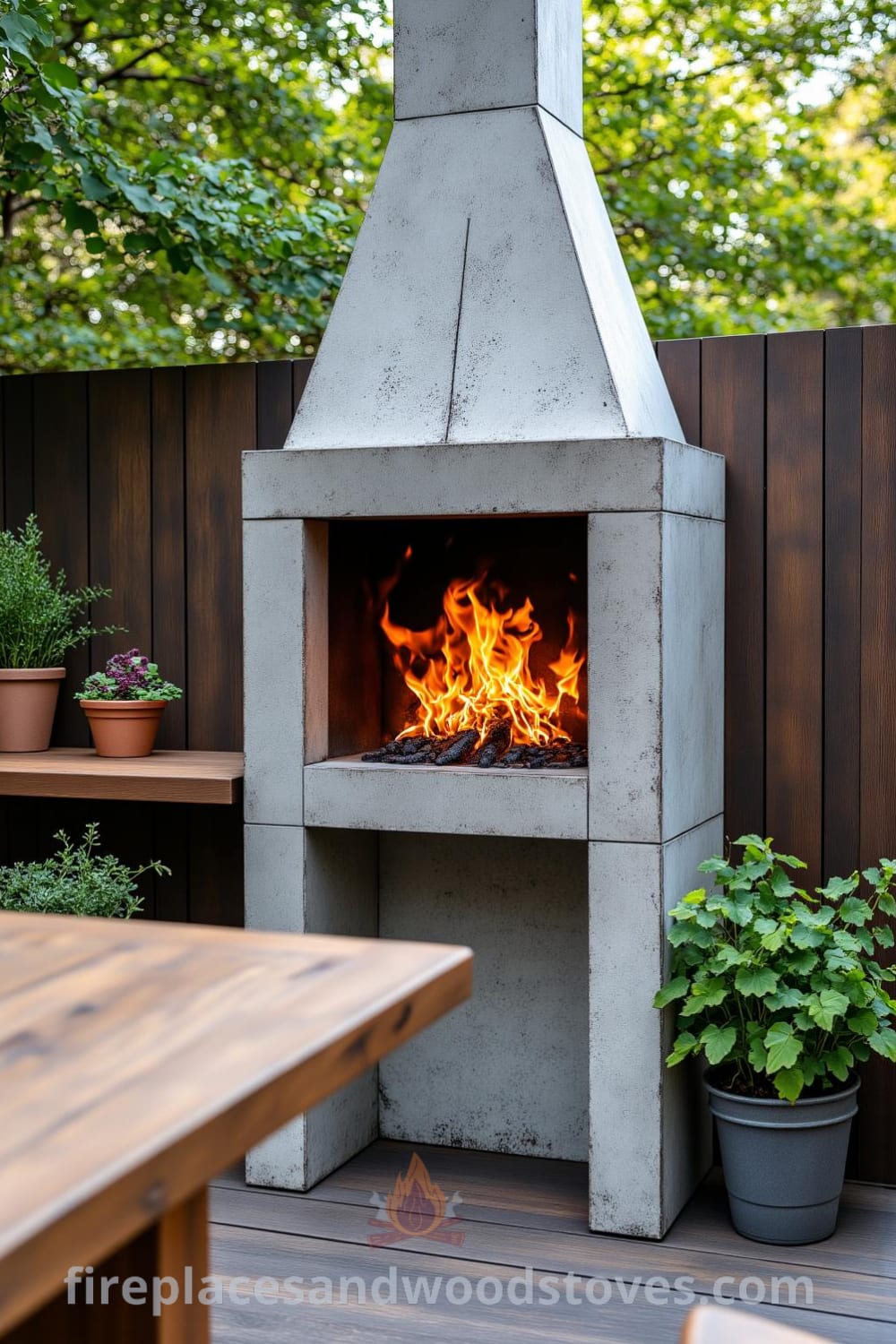 Modern outdoor barbecue on a wooden deck with flames crackling in the firebox, surrounded by greenery and potted herbs, creating a cozy cooking space. Perfect for cookouts and outdoor gatherings, showcasing unique design ideas for your home. Visit fireplacesandwoodstoves.com.