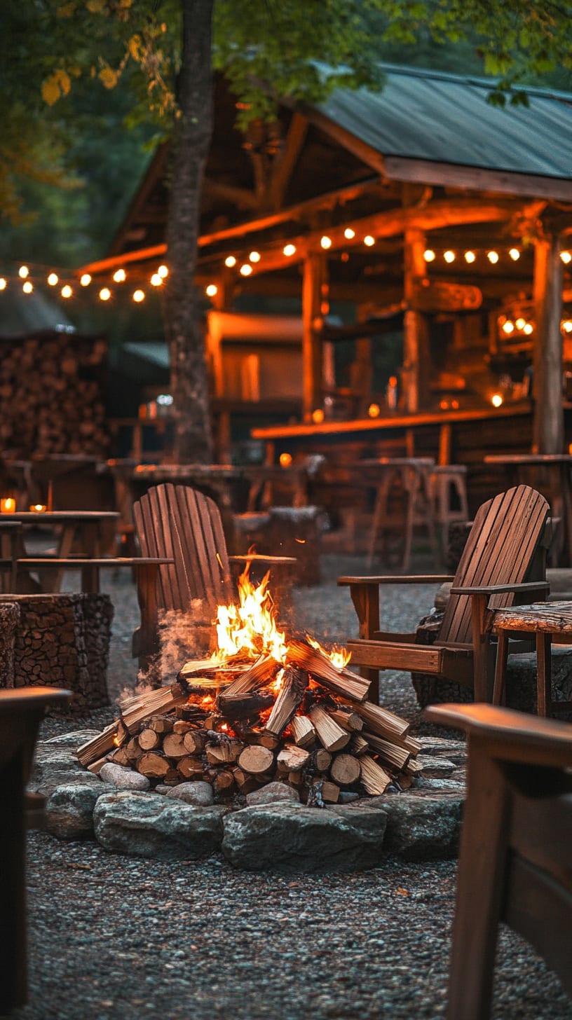 A rustic cabin-style restaurant with wooden chairs around a fire pit, illuminated by string lights, set against a natural backdrop.