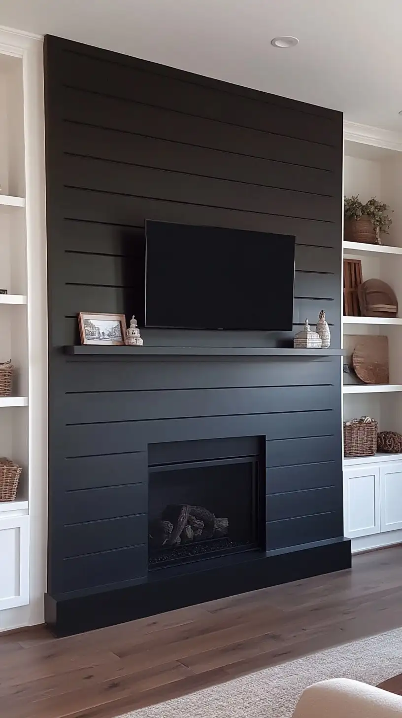 A black shiplap fireplace wall featuring built-in white shelves on either side of a flat-screen TV, creating a modern and stylish living room centerpiece.