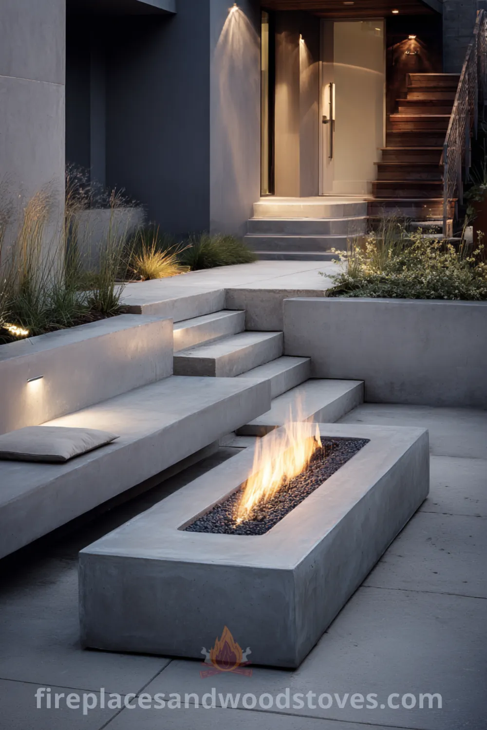 Outdoor setting featuring a modern fire pit, minimalist design, and lush plantings for a sophisticated vibe.