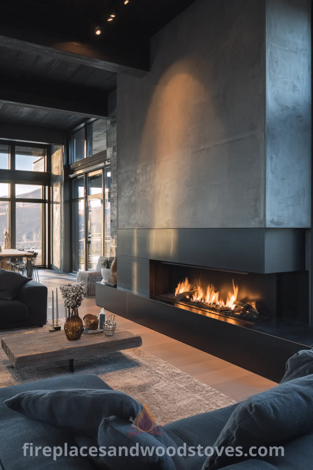 Urban Scandinavian fireplace with black steel, concrete walls, and cozy decor elements, featuring minimalist industrial hearth and functional elegance.