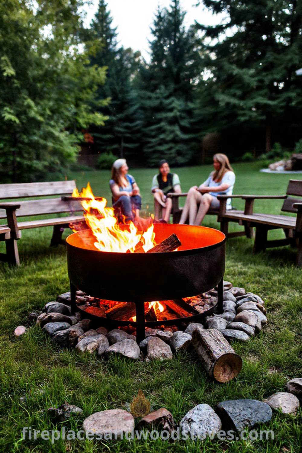 Outdoor fire pit surrounded by rustic wooden benches and lush grass, with friends gathered around flickering flames, creating a cozy atmosphere for evening conversations under the starlit sky. Visit patioandhomefurniture.com for incredible ideas that will wow your guests.