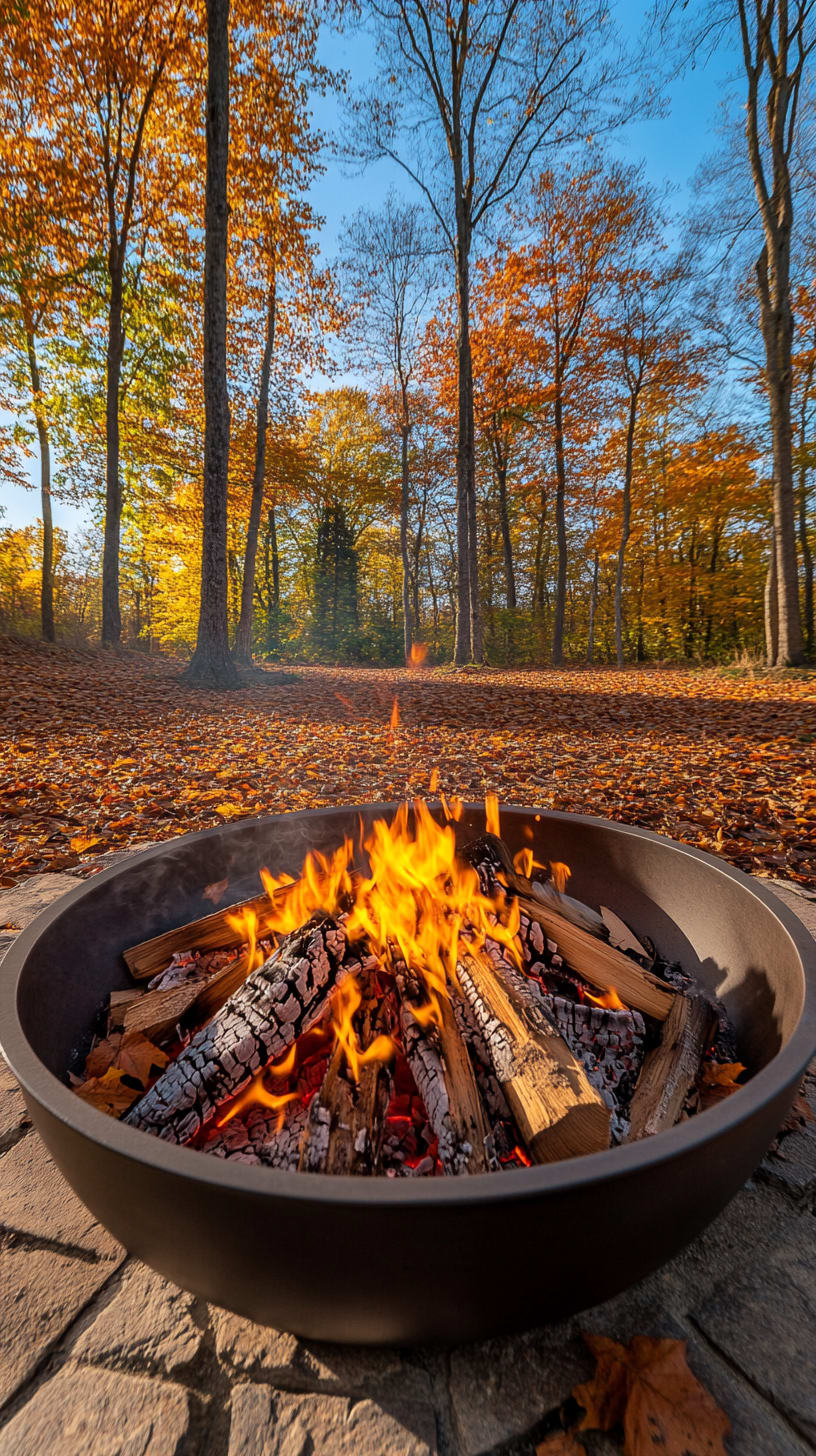 A large circular fire pit with wood burning inside, surrounded by colorful autumn leaves and trees in a forest clearing.