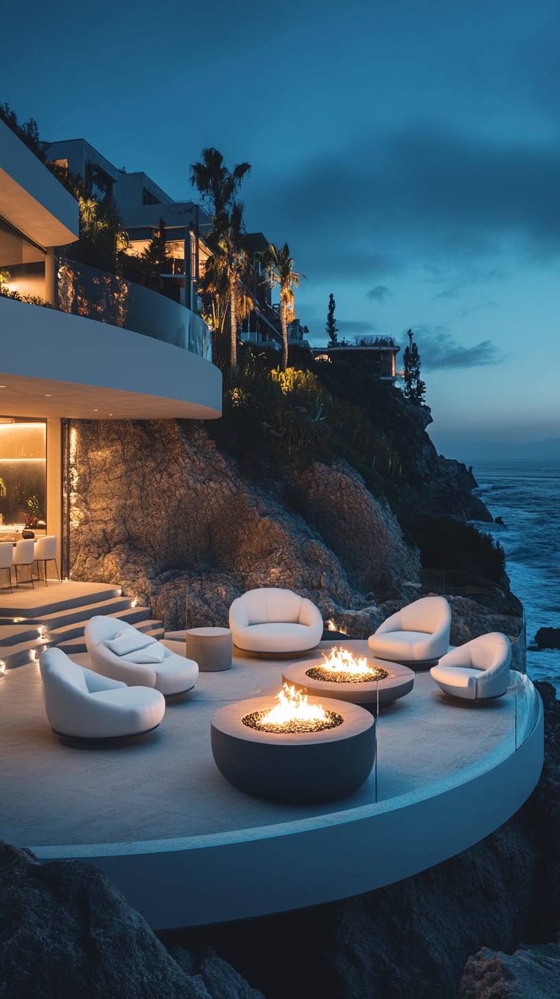 A modern outdoor lounge with white furniture and a fire pit overlooking the ocean at night, set on a lush cliffside.