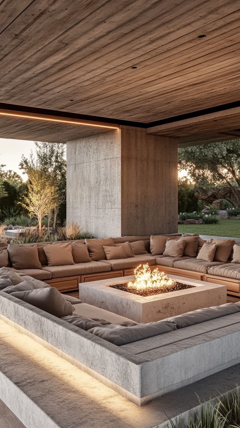 A cozy outdoor seating area featuring large sofas around a fire pit, surrounded by greenery and sheltered by a wooden ceiling.