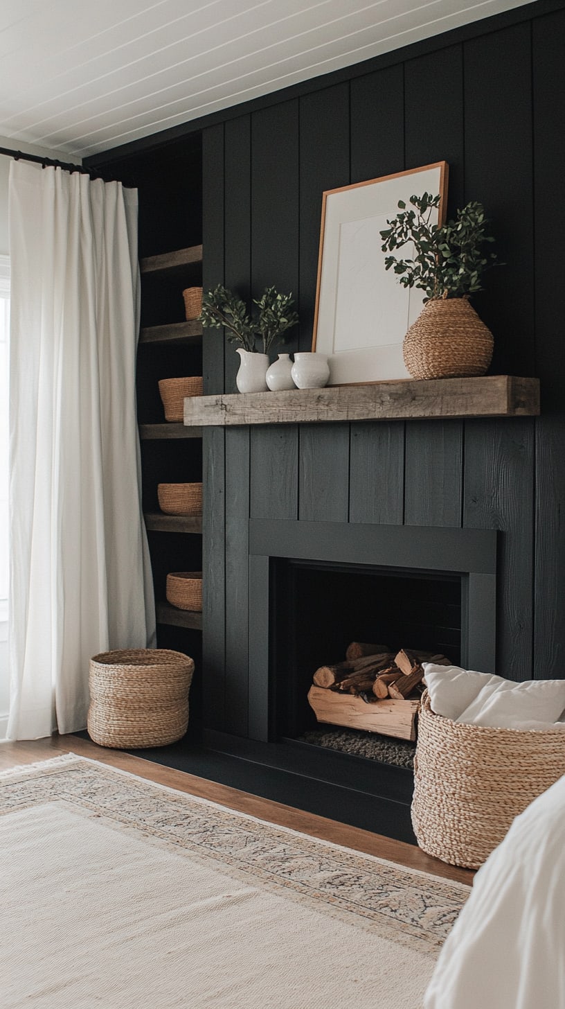 A cozy bedroom featuring a dark black shiplap fireplace with white linen curtains, woven baskets, and a light cream vintage rug, creating a warm and inviting atmosphere.