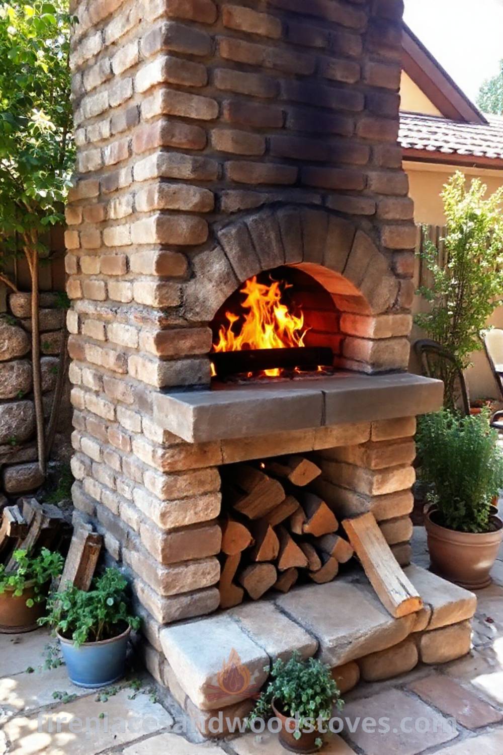 Rustic stone fireplace BBQ on a sun-drenched patio with flickering flames, stacked wooden logs, and potted herbs, creating an inviting atmosphere for outdoor gatherings. Visit patioandhomefurniture.com for ideas that will wow your guests.