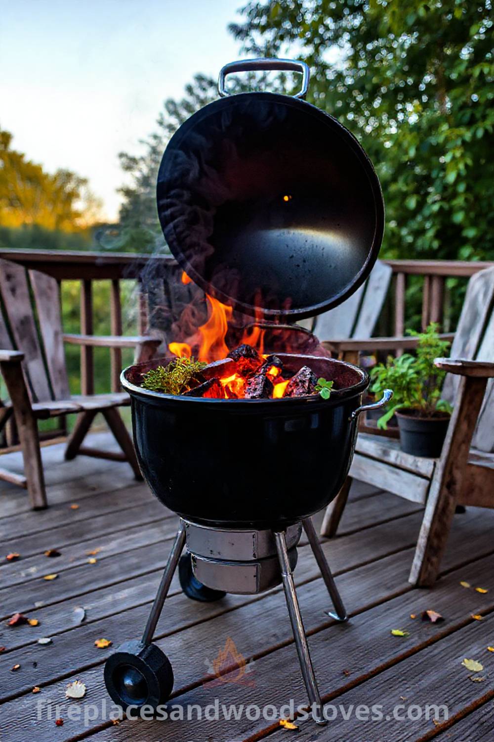 Kettle grill barbecue on a wooden deck with glowing coals and flames, surrounded by mismatched garden chairs and potted herbs, illustrating cozy outdoor gathering ideas for entertaining at home, perfect for creating an inviting atmosphere, visit fireplacesandwoodstoves.com.