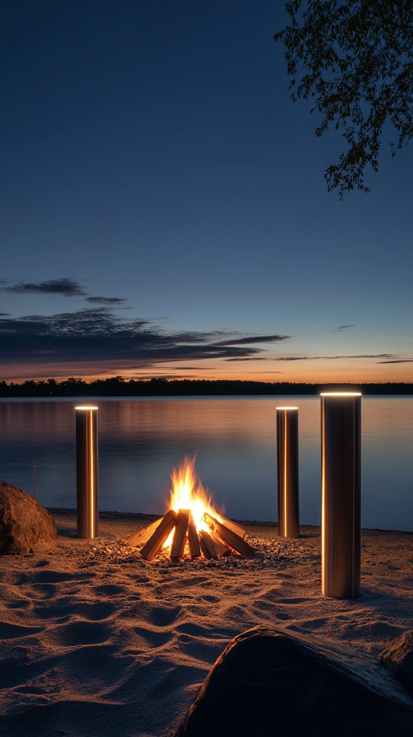 A beach bonfire surrounded by stainless steel LED lights at dusk, casting warm hues on the sand and lake water, creating a cozy atmosphere for relaxation.