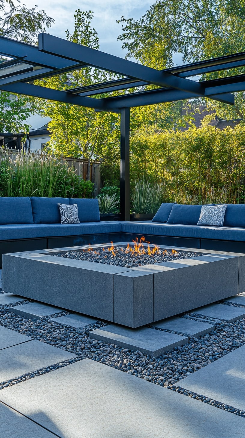 A stylish outdoor seating area featuring blue sofas, a large fire pit, and a modern black roof structure, surrounded by lush greenery and pebbled stone accents.